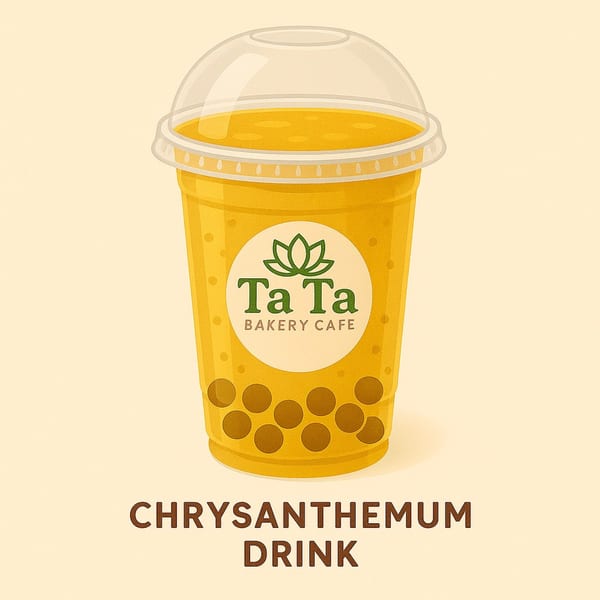 Illustrated TaTa Bakery Cafe chrysanthemum drink with tapioca pearls in a clear plastic cup.