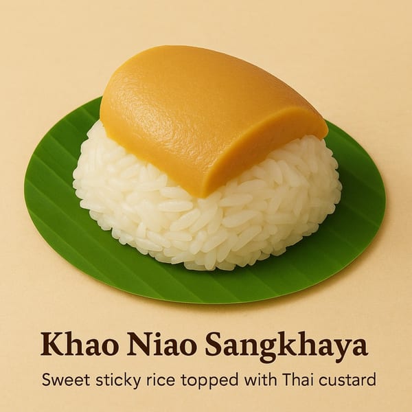 Khao Niao Sangkhaya, sweet sticky rice topped with Thai custard, on a green banana leaf.