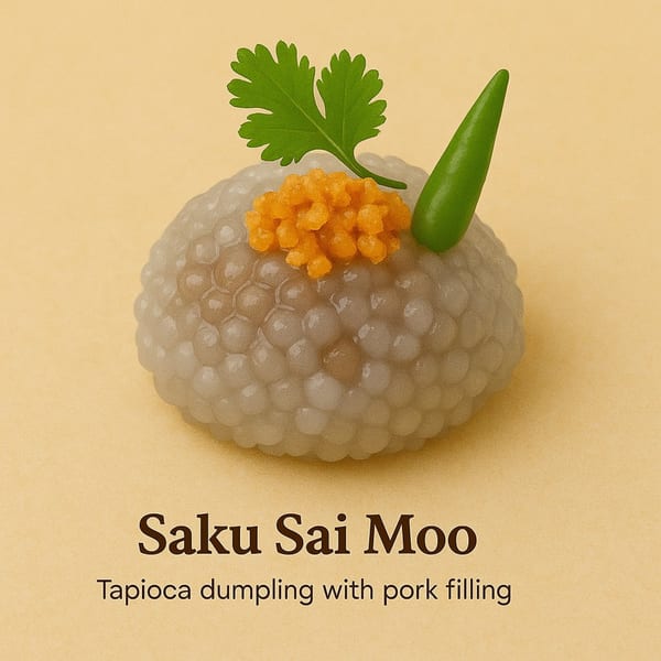 Saku Sai Moo, a tapioca dumpling with pork filling, topped with cilantro and a green chili.