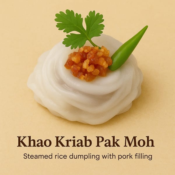 Khao Kriab Pak Moh, a steamed rice dumpling with pork filling, garnished with cilantro and a green chili.