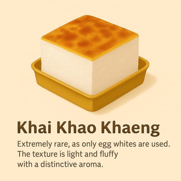 A square, light-colored Khai Khao Khaeng dessert with a golden-brown top, in a matching golden tray.
