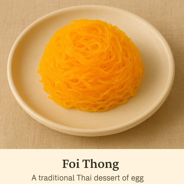 A golden-yellow Foi Thong dessert, a traditional Thai sweet, on a light-colored plate.